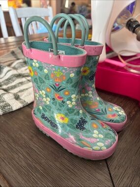 Kids Floral Rain Boots with Pink Trim and Handles